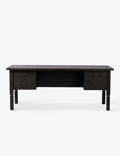 a black desk with two drawers on one side and an open drawer on the other