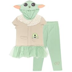 a baby yoda outfit is shown with green pants and a hoodie on it