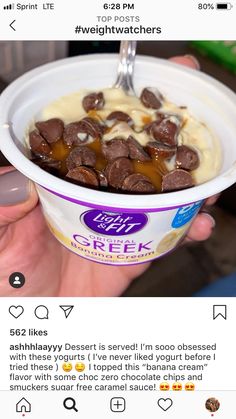 an ice cream sundae with chocolate chunks on top is shown in the instagram