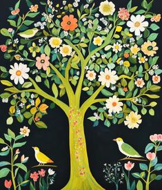 a tree with birds and flowers painted on it