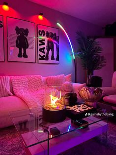 a living room filled with furniture and colorful lights