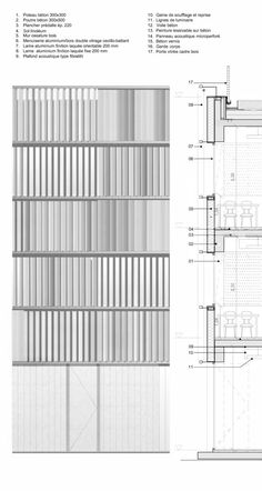 an architectural drawing shows the side and top sections of a building with metal slats