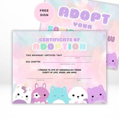 a pink and blue certificate with cartoon cats on it, in front of a watercolor background