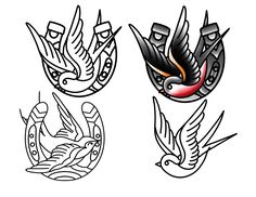 four different kinds of bird tattoos on white background with black and red ink, each one in