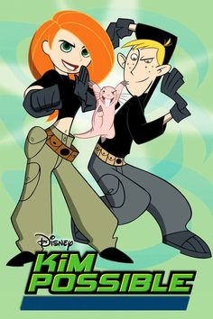 the animated character kim possible is being hugged by an adult in front of a green background