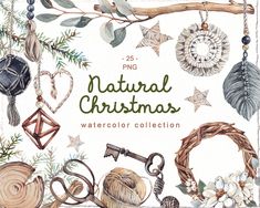 watercolor christmas clipart set with various ornaments and branches on white background, includes hand drawn elements