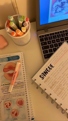 an open laptop computer sitting on top of a desk next to a notebook and pen