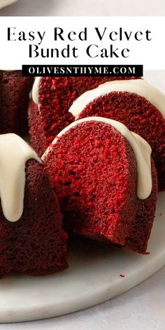 red velvet bundt cake with white icing on a plate