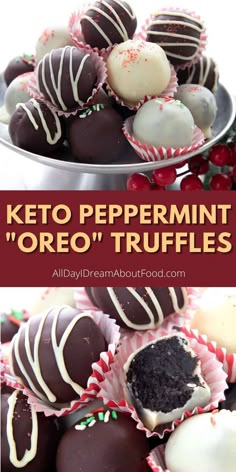 keto peppermin oreo truffles on a platter with text overlay