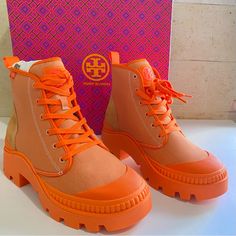 Tori Burch Camp Sneaker Boot- Women’s 11 Color Code: Coral Style No. 87696 New With Box. Thanks For Looking Check Out My Other Items! Orange Ugg Boots, Orange Boots, Tori Burch, Carnival Makeup, Orange Sneakers, Hiking Outfit Women, Lace Up Combat Boots, Cute Boots, Outfit Women