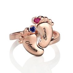 Personalized jewelry Custom Ring New Mom Gift Footprint Ring Rose Gold Open Ring With Birthstone, Personalized Rose Gold Birthstone Ring For Promise, Personalized Rose Gold Birthstone Promise Ring, Personalized Rose Gold Promise Birthstone Ring, Adjustable Pink Personalized Rings, Ring For Mom, Mommy Jewelry, Baby Rings