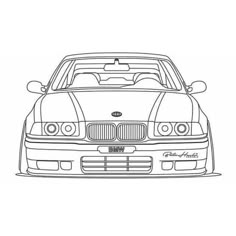 the front end of a white car with its hood up in black ink on a white background