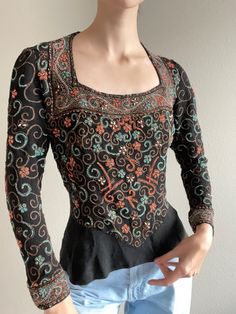 "This one of a kind beaded blouse with square neck was reworked from 30s dress. Black fabric embroidered and hand beaded with turquoise, orange and clear beads. Snap closure on the side was added. Material feels like raw silk. size XS-S Pit to pit 36\" Waist 28\" Has no stretch! Very good vintage condition. Only one tiny hole close to hem. Not noticeable." Blouse Square Neck, 30s Dress, Sleeveless Knit Top, Beaded Blouse, Clear Beads, Pretty Shirts, Antique Dress, 1930s Fashion, Girly Stuff