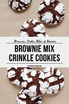 brownie mix crinkle cookies with white powdered sugar on top and text overlay