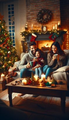 a man and woman sitting on a couch in front of a christmas tree with candles