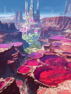 an artist's rendering of a futuristic city surrounded by red rocks and other structures