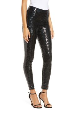 Shimmer, shine and feel pretty dang good about yourself in these sequin leggings with a slimming internal waistband. 30 1/2" inseam; 9" leg opening; 13" front rise; 16 1/2" back rise (size Medium) Lined 92% polyester, 8% elastane with 72% nylon, 28% elastane inner waistband Hand wash, line dry Made in the USA of imported fabric Hosiery Sequin Leggings, Stirrup Leggings, Dolman Sleeve Sweater, Suede Pants, Shimmer Shine, Feel Pretty, Leggings Fashion, Outfits With Leggings, High Waisted Leggings