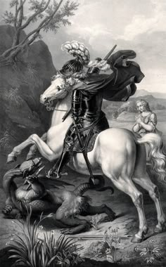 an old painting of a man riding on the back of a white horse