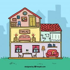 a drawing of a house with furniture in the front yard and on top of it