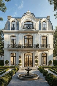 a large white house with a fountain in front of it