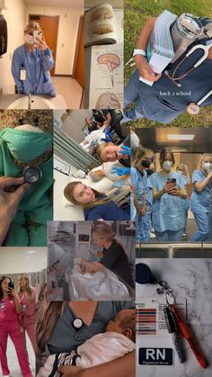 collage of images with doctors and nurses in scrubs on the side, one woman holding a stethoscope