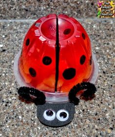 a plastic ladybug with googly eyes sitting on the ground