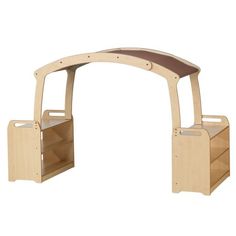 a child's wooden play set with a blue top and bottom shelf for storage