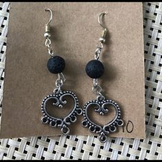 Natural Imprints Silver Heart Earrings With Black Lava Beads. Lava Bead Added For Essential Oil Diffusing. Betsey Johnson Earrings, Boho Style Earrings, Silver Heart Earrings, Natural Stone Earrings, Lava Beads, Pumpkin Earrings, Teardrop Dangle Earrings, Hoop Earring Sets, Lava Bead