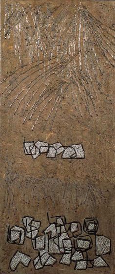 an abstract painting with white and black lines on brown paper that has been drawn onto it