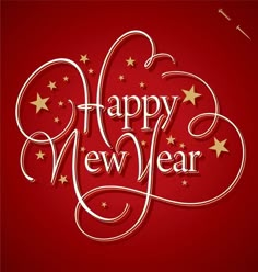 a happy new year card with stars and swirls on a red background, in the shape of a heart