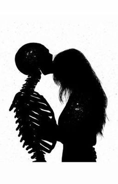 the silhouette of a woman kissing a skeleton in front of a black and white background