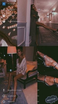 a collage of photos with woman sitting on couch and foot in chair next to lamp