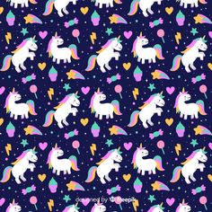 unicorns and hearts on a blue background