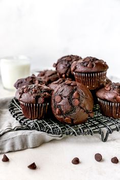 chocolate muffins on a cooling rack next to a glass of milk and chocolate chips