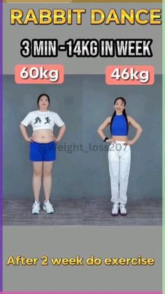 a woman is standing in front of a wall with the words rabbit dance 3 min - 14kg in week