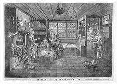 an old drawing of people in a kitchen