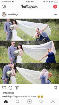 the bride and groom are posing for pictures with their wedding veil blowing in the wind