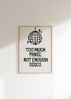 INSTANT DOWNLOAD MEDIA FILE PRINTABLE ART - This is a DIGITAL product (not physical). You will receive a link to download your art after purchasing. 📦 You can order a printed poster by the following link: https://www.etsy.com/listing/1746197356/too-much-panic-not-enough-disco-girly  This beautiful, originally-designed funny "Too Much Panic Not Enough Disco" digital art print is the perfect way to brighten up a room and add some personality. It reflects a bohemian, mid-century, modern, and minimalist style, and makes for the perfect decor for entryways, living rooms, bedrooms, kitchens, bathrooms, dorms, and more! Upon purchase, you will be able to instantly download this print in five different sizes/ratios: 2x3, 3x4, 4x5, 5x7, and 11x14 (more details below). You will therefore receive 5 Mid Century Modern Living Room Art, Diy Motivational Wall Art, Disco Quotes, Funny Quotes Decor Wall Art, Retro Disco Poster, Quirky Posters, Disco Bathroom, Disco Art Print, Quote Poster Design