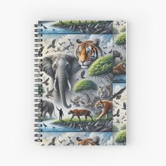 a spiral notebook with an image of tigers and other animals