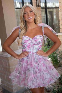 Princess Pink Floral Print Tulle Homecoming Dress with Bow Sleeves - KissProm Floral Hoco Dress Short, Pastel Hoco Dresses, Dress With Bow Sleeves, Floral Hoco Dress, Tule Fabric, Pink Hoco Dress, Home Coming Dresses, Bow Sleeves, Floral Homecoming Dresses