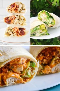 several different types of burritos on plates