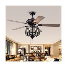 a living room with couches, chairs and a ceiling fan that is hanging from the ceiling