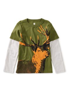 This majestic stag is a returning design from our Scandinavia collection. Layered look long sleeve tee. Crafted from 100% soft cotton jersey. Visit our Global Shop to see more of our favorite styles from around the world. 10 Points, Layered Long Sleeve, Hunting Shirts, Boy Tees, Tea Collection, Boys Top, Layered Look, Top Sales, Boys Shirts