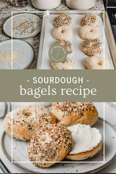 bagels with cream cheese and poppy seed sprinkles are on a plate