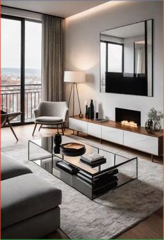 a living room with a couch, table and television on top of the entertainment center