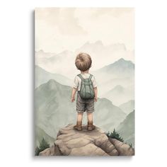 a painting of a little boy standing on top of a mountain looking at the mountains