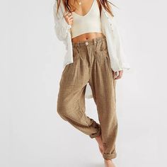 Free People X Cp Shades Lourdes Trouser Pants In Satsuma Gingham A Staple Style, These Trousers Are Featured In A Slouchy, Tapered-Leg Silhouette With Front Pleat Detailing And Railroad Stripe Pattern For Added Dimension. Supremely Slouchy With A Tapered Leg, And Front Pleat Detailing. Dropped Side Pockets, Contrast Rolled Hem And An Elasticized Waistband. Zip-Fly And Button Closure Dropped Side Pockets Contrast Rolled Hem Design Elastic Waistband For Effortless Ease 100% Cotton - Lightweight An Gingham Cotton Pants For Fall, Cotton Gingham Pants For Fall, Fall Gingham Cotton Pants, Gingham Cotton Bottoms For Fall, Gingham Cotton Pants, Fall Gingham Trousers, Chic Gingham Bottoms For Fall, Gingham Trousers For Fall, Chic Gingham Cotton Bottoms