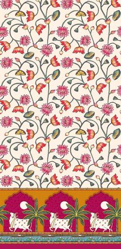 an intricately designed wallpaper with flowers and birds on the border, in pink