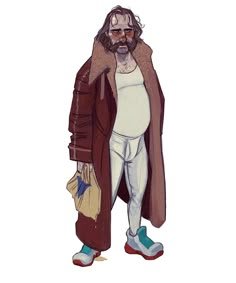 a drawing of an old man with glasses and a beard wearing white pants, a brown coat and blue shoes