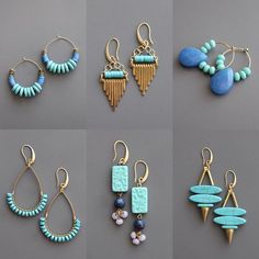 four pictures of different types of earrings with beads and charms attached to each earring